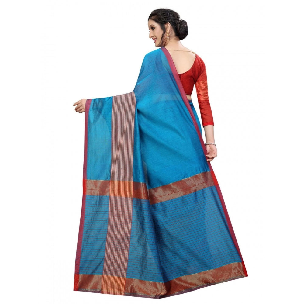 Women's Cotton Saree With Blouse (Sky Blue, 5-6 Mtrs)