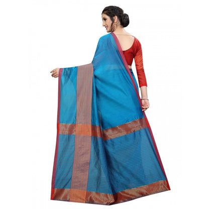 Women's Cotton Saree With Blouse (Sky Blue, 5-6 Mtrs)