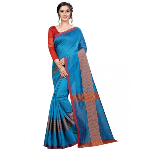 Women's Cotton Saree With Blouse (Sky Blue, 5-6 Mtrs)