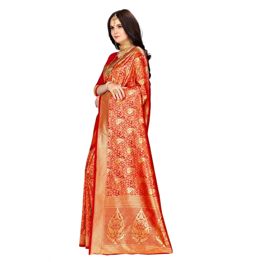 Women's Banarasi silk Saree with Blouse (Red, 5-6mtr)