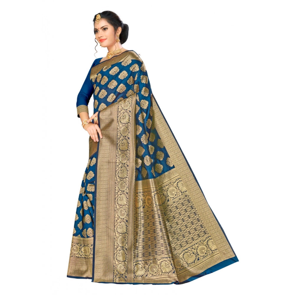 Women's Banarasi silk Saree with Blouse (Navy blue, 5-6mtr)