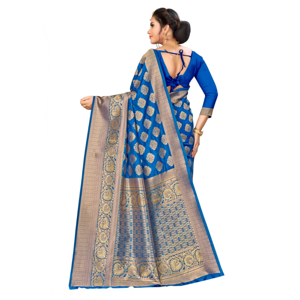 Women's Banarasi silk Saree with Blouse (Blue, 5-6mtr)