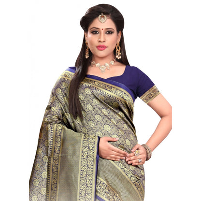 Women's Banarasi silk Saree with Blouse (Navy blue, 5-6mtr)