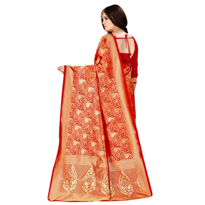 Women's Banarasi silk Saree with Blouse (Red, 5-6mtr)