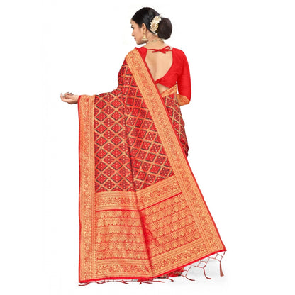 Women's Banarasi silk Saree with Blouse (Red,black, 5-6mtr)