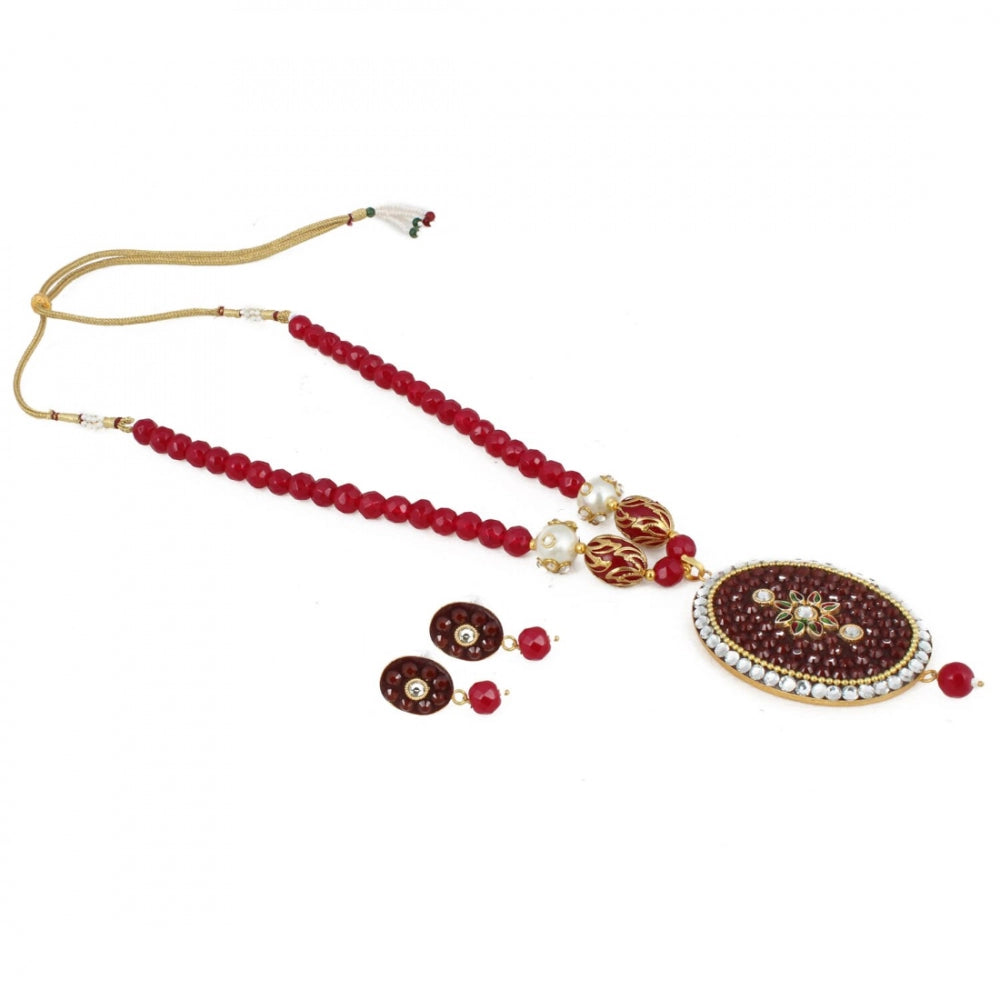 Stylish Maroon Golde Plated Traditional Kundan Necklace Set with Earrings