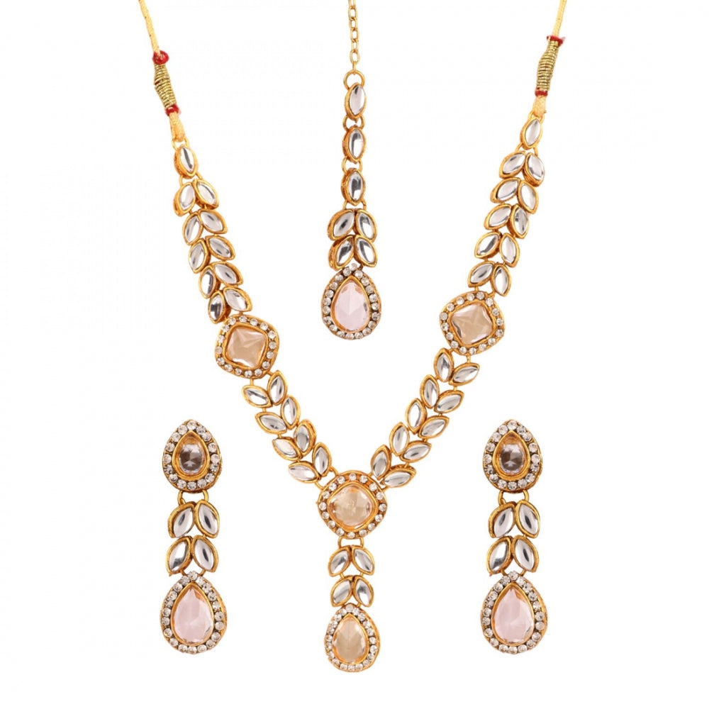 Gold Plated Traditional Kundan Necklace Set with Earrings and Maang Tikka