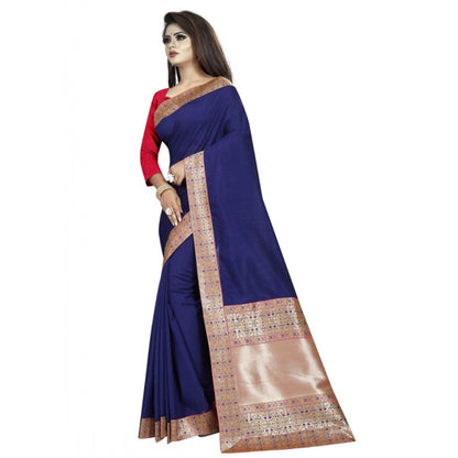 Women's Vichitra Silk Saree with Blouse (Blue,5-6 mtrs)