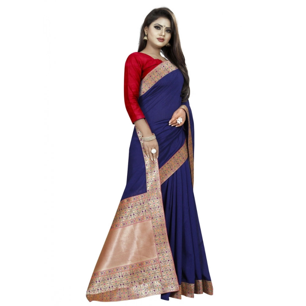 Women's Vichitra Silk Saree with Blouse (Blue,5-6 mtrs)