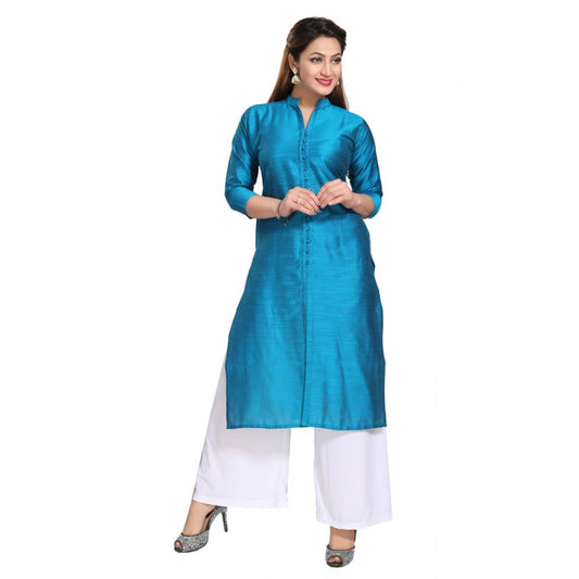 Women's Silk Self Pattern Straight Kurti-Blue