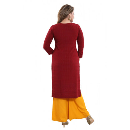 Generic Women's Rayon Embroidered Straight Kurti-Maroon