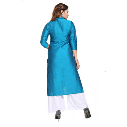 Women's Silk Self Pattern Straight Kurti-Blue