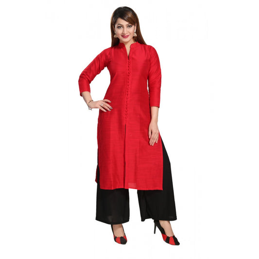 Women's Silk Self Pattern Straight Kurti-Red