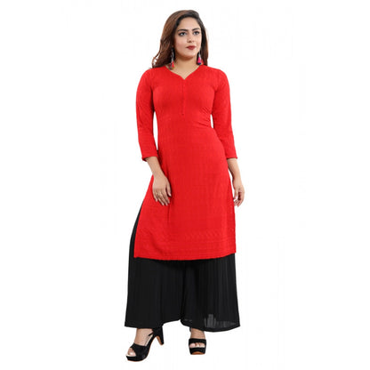 Generic Women's Rayon Embroidered Straight Kurti-Red