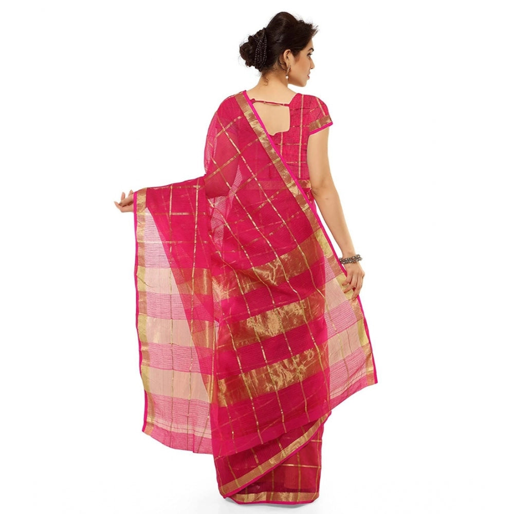 Women's Kota Doria Cotton Saree With Blouse (Rani,6-3 Mtrs)