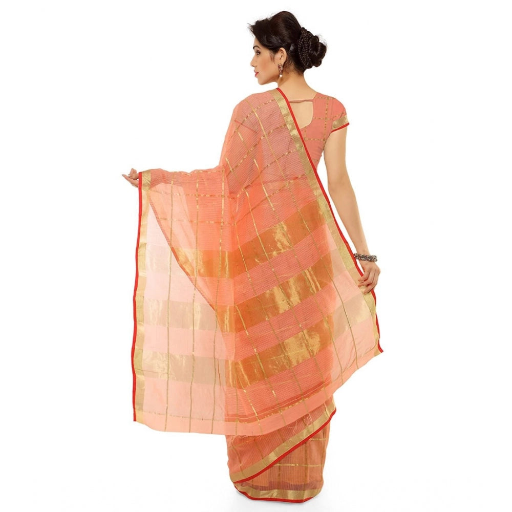 Women's Kota Doria Cotton Saree With Blouse (Peach,6-3 Mtrs)