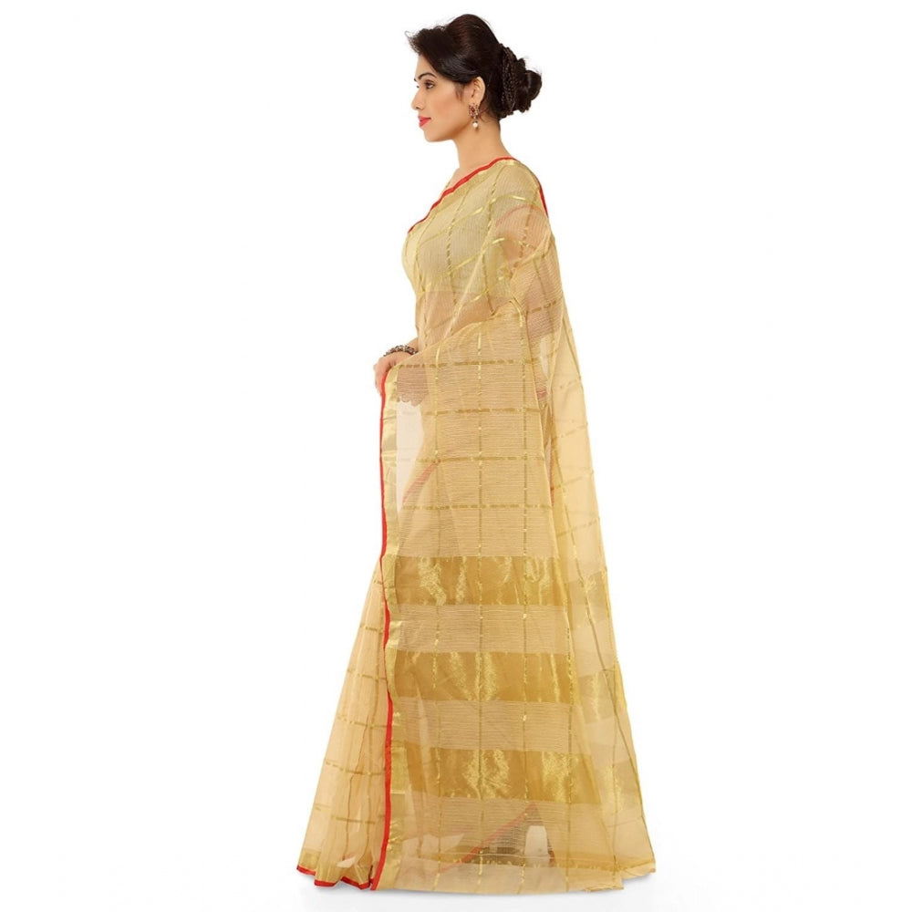 Women's Kota Doria Cotton Saree With Blouse (Chikoo,6-3 Mtrs)