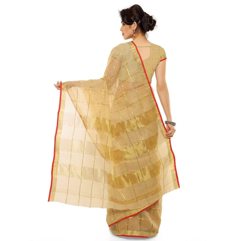 Women's Kota Doria Cotton Saree With Blouse (Chikoo,6-3 Mtrs)