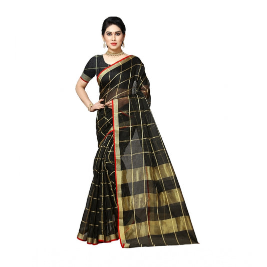 Women's Kota Doria Cotton Saree With Blouse (Black,6-3 Mtrs)