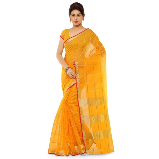 Women's Kota Doria Cotton Saree With Blouse (Yellow,6-3 Mtrs)