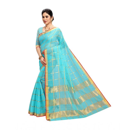 Women's Kota Doria Cotton Saree With Blouse (Sky Blue,6-3 Mtrs)