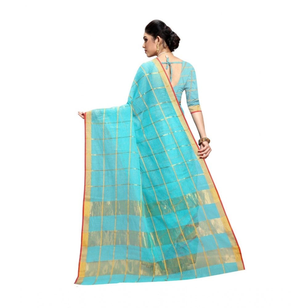 Women's Kota Doria Cotton Saree With Blouse (Sky Blue,6-3 Mtrs)