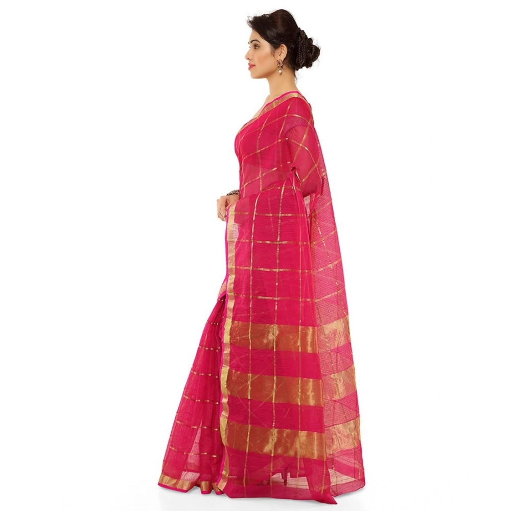 Women's Kota Doria Cotton Saree With Blouse (Rani,6-3 Mtrs)