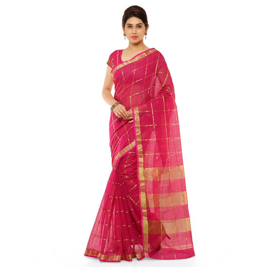 Women's Kota Doria Cotton Saree With Blouse (Rani,6-3 Mtrs)