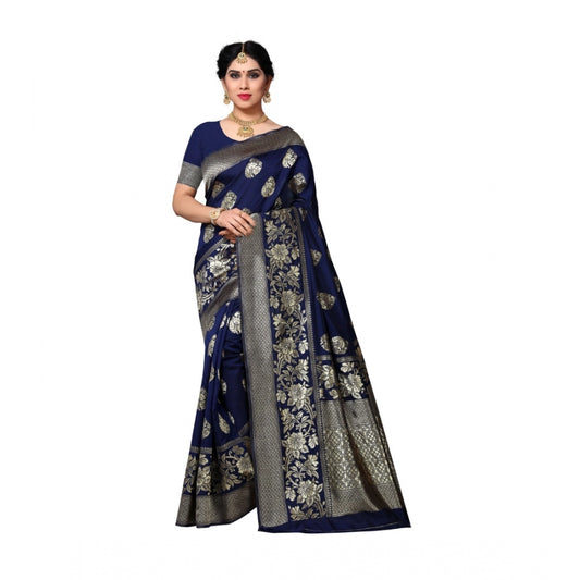 Women's Jacquard Silk Saree With Blouse (Nevy Blue,6-3 Mtrs)