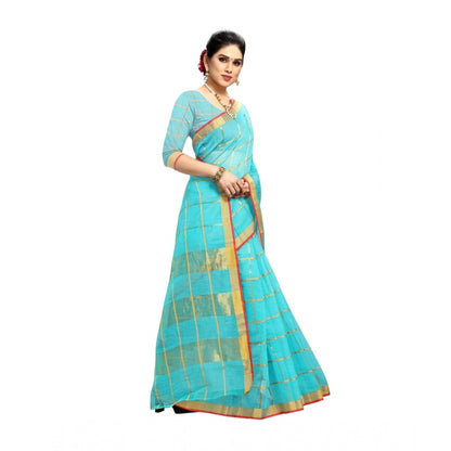 Women's Kota Doria Cotton Saree With Blouse (Sky Blue,6-3 Mtrs)