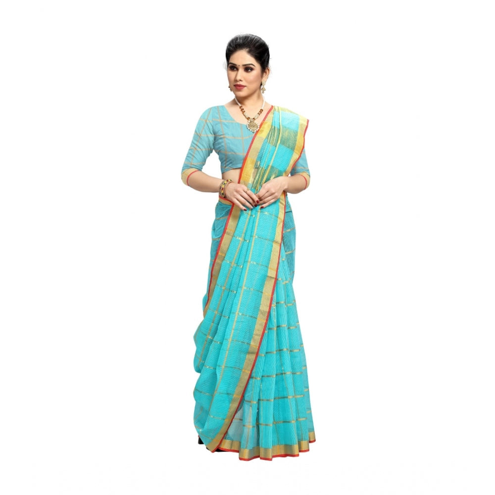 Women's Kota Doria Cotton Saree With Blouse (Sky Blue,6-3 Mtrs)