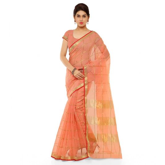 Women's Kota Doria Cotton Saree With Blouse (Peach,6-3 Mtrs)