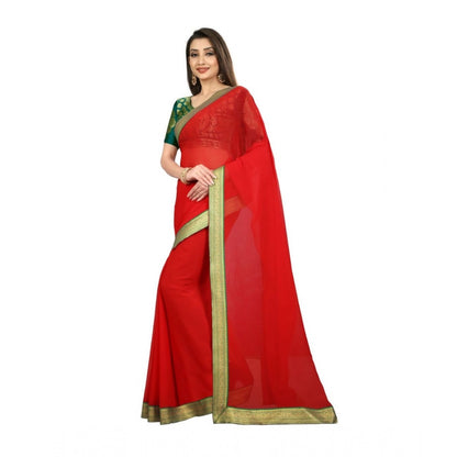 Women's Chiifon, Jacquard Blouse Saree(Red,5-6 Mtrs)