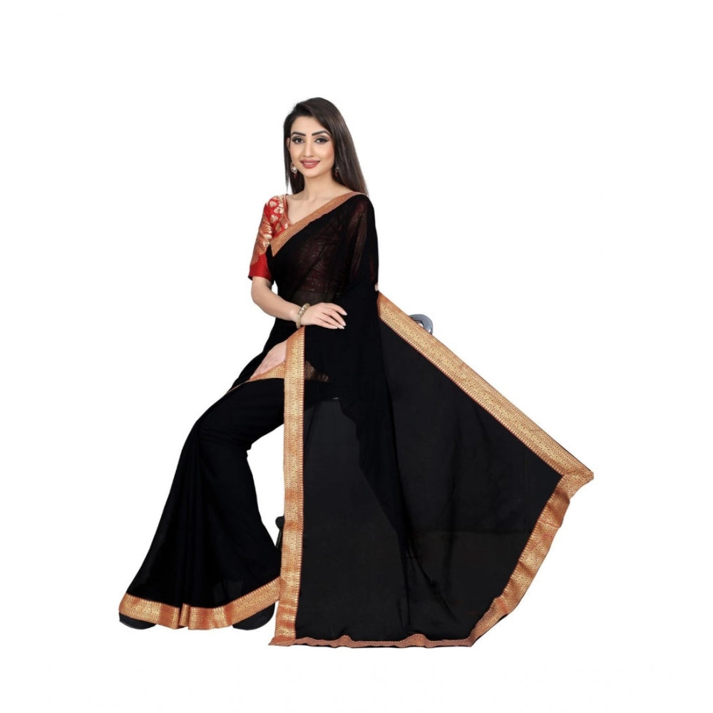 Women's Chiifon, Jacquard Blouse Saree(Black,5-6 Mtrs)