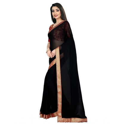 Women's Chiifon, Jacquard Blouse Saree(Black,5-6 Mtrs)