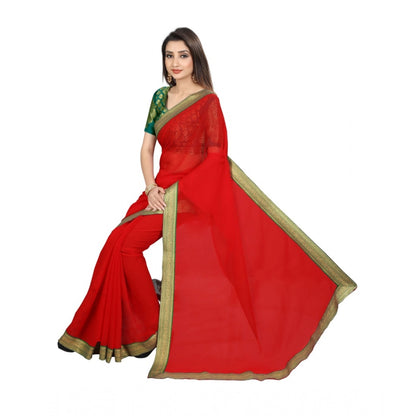 Women's Chiifon, Jacquard Blouse Saree(Red,5-6 Mtrs)