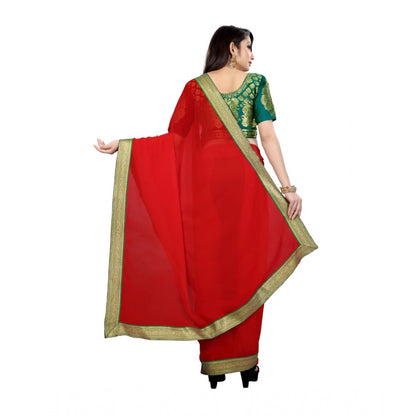 Women's Chiifon, Jacquard Blouse Saree(Red,5-6 Mtrs)