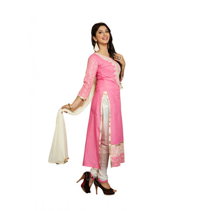 Generic Women's Georgette Unstitched Salwar Suit-Material With Dupatta (Pink &amp; White,2.2 Mtrs)