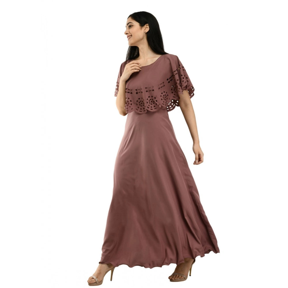 Women's Crepe Solid Sleeveless Full Length Gown(Brown)