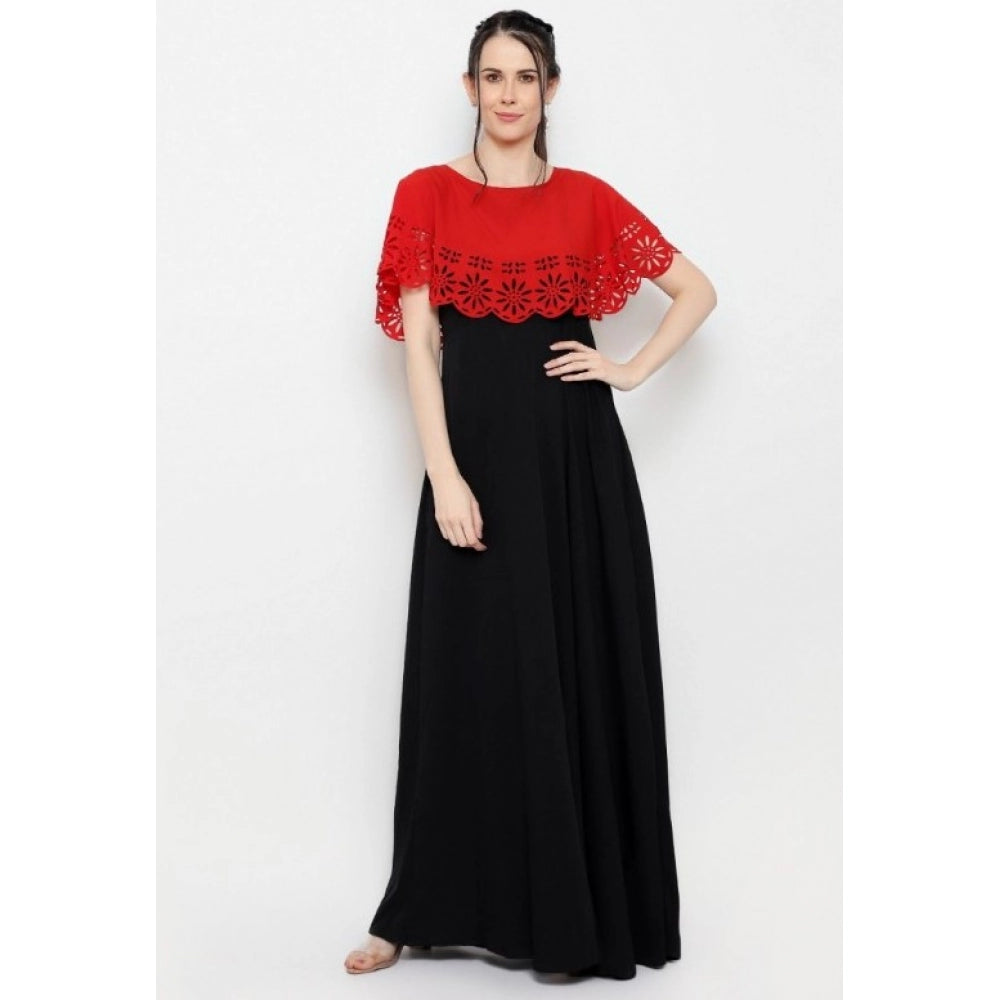 Women's Crepe Solid Sleeveless Full Length Gown(Red Black)