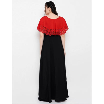 Women's Crepe Solid Sleeveless Full Length Gown(Red Black)