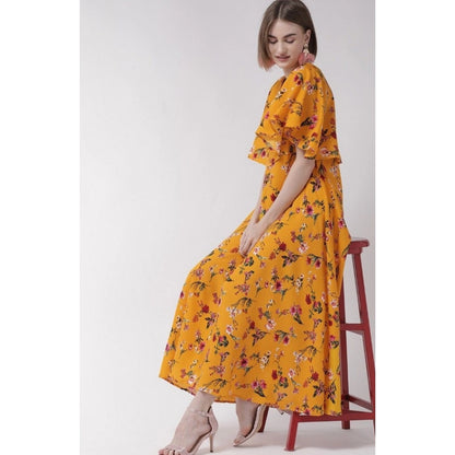 Women's Crepe Floral Half Sleeves Full Length Gown(Yellow)