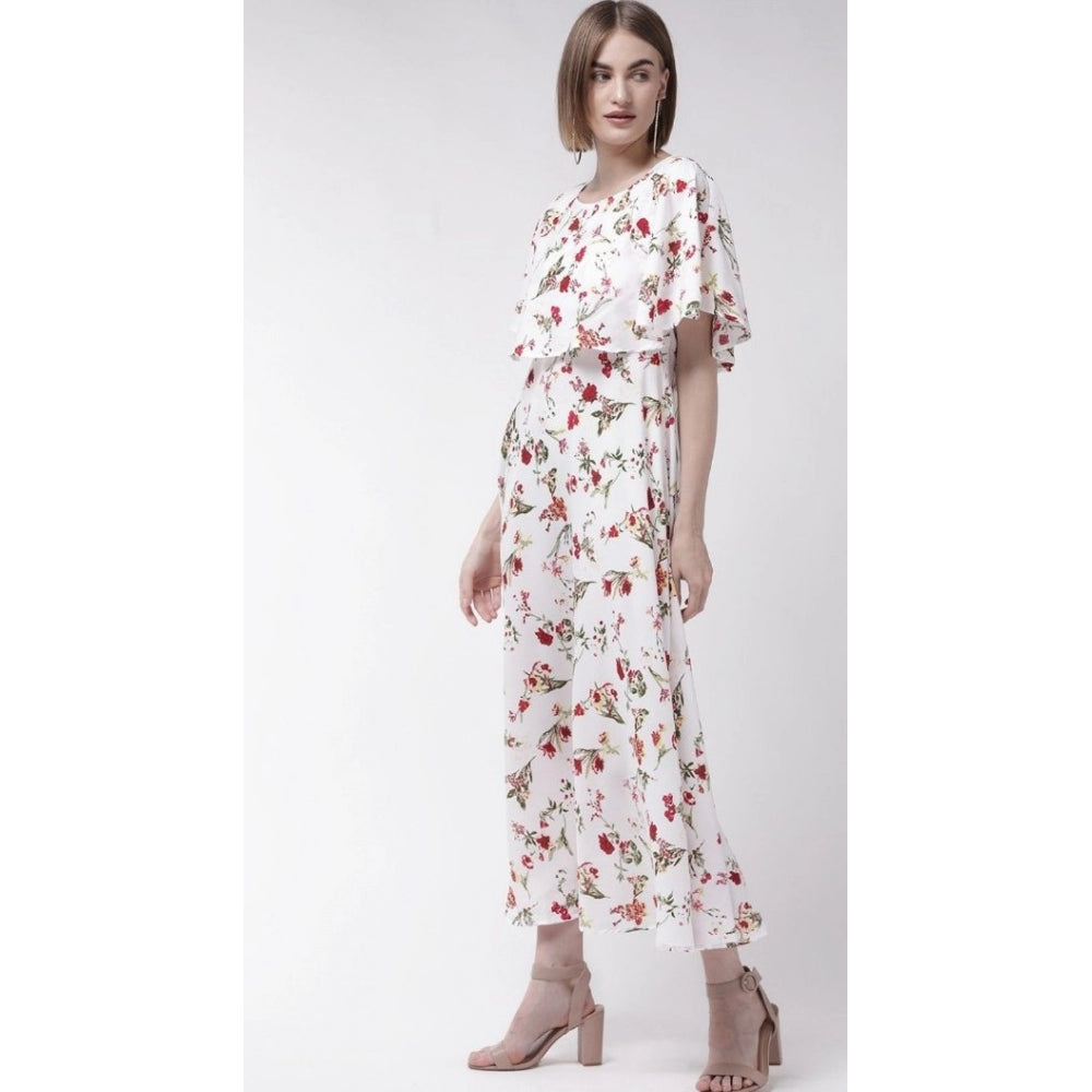 Women's Crepe Floral Half Sleeves Full Length Gown(White)