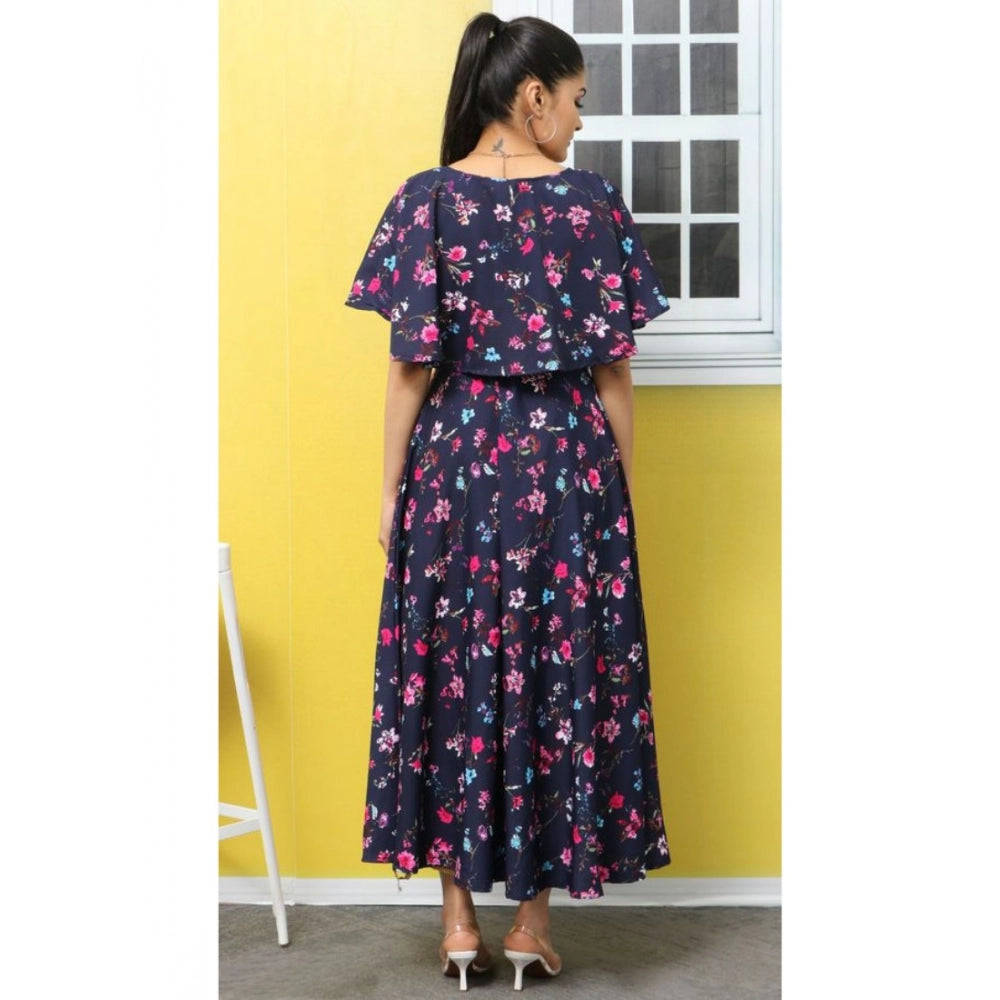 Women's Crepe Floral Half Sleeves Full Length Gown(Dark Blue)