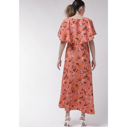 Women's Crepe Floral Half Sleeves Full Length Gown(Orange)