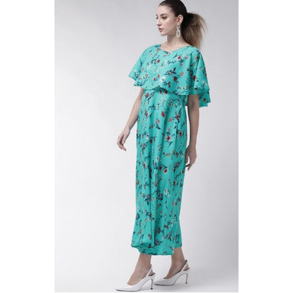 Women's Crepe Floral Half Sleeves Full Length Gown(Turquoise)