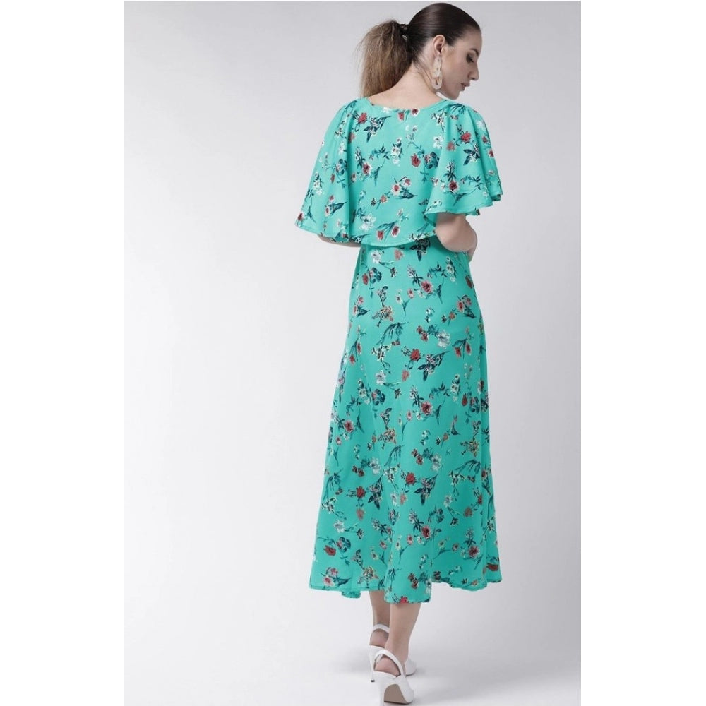 Women's Crepe Floral Half Sleeves Full Length Gown(Turquoise)