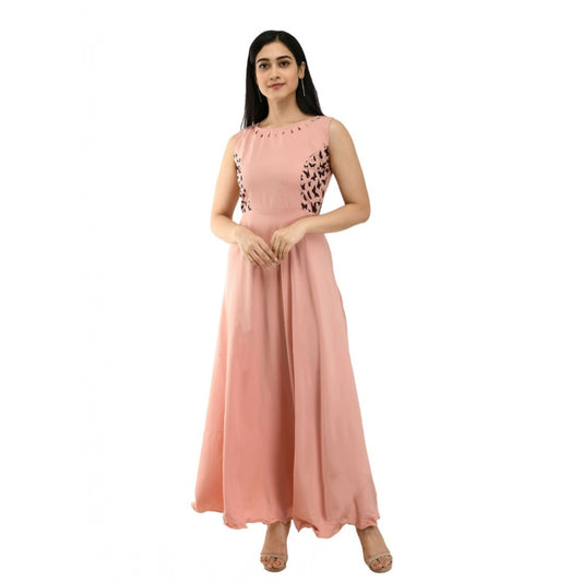 Women's Crepe Solid Sleeveless Full Length Gown(Light Peach)