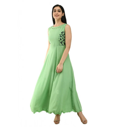 Women's Crepe Solid Sleeveless Full Length Gown(Green)