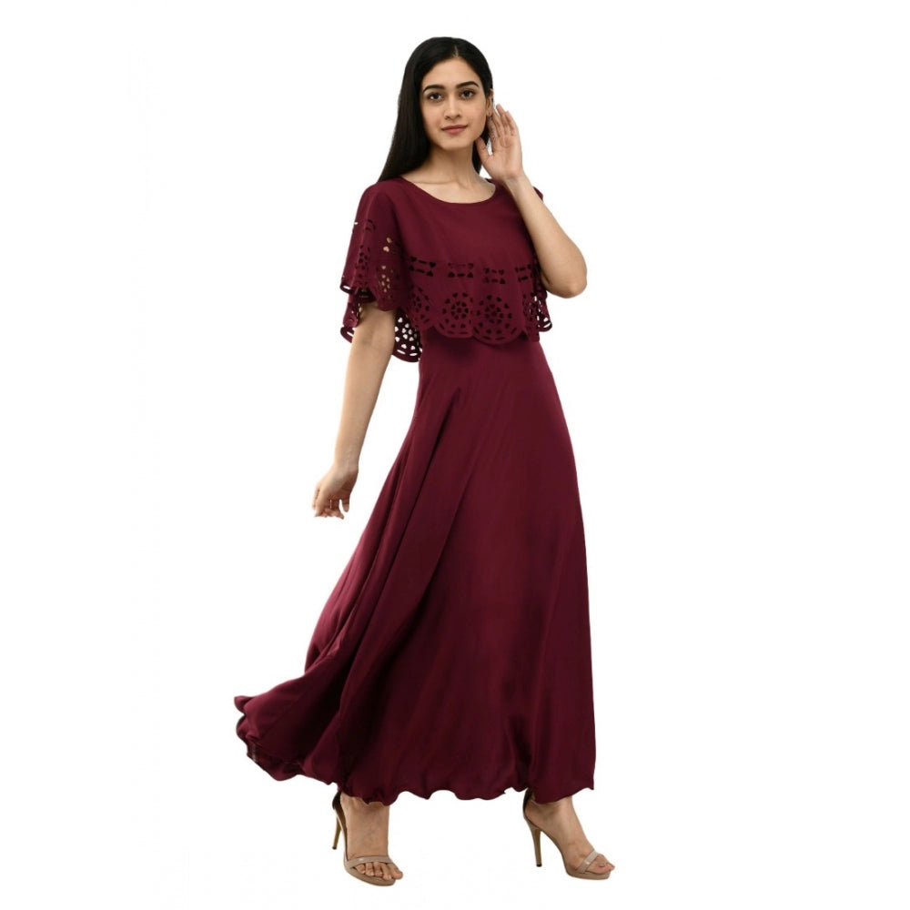 Women's Crepe Solid Sleeveless Full Length Gown(Wine)